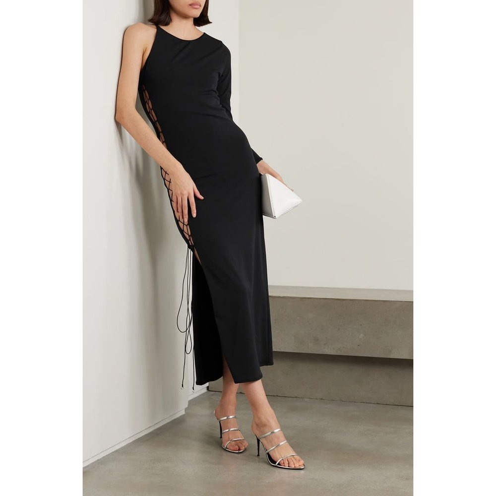 Leslie Amon Paris Black Lace Up Side One Sleeve Asymmetric Maxi Dress NWT